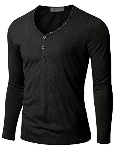 Doublju Mens Henley T-shirts with Button Placket BLACK (US-XL)