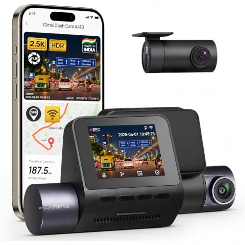 70mai A410 Dual Dash Cam [2026 New Launch], Made in India, 2.5K HDR Front & 1080P Rear, in-Built WiFi & GPS Logger, Super Capacitor, G-Sensor, Optiona