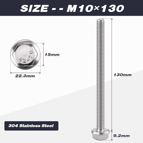 Image of M10-1.5 x 130mm (6 pcs) Flanged Hex Bolts, 304 Stainless Steel 18 /8, Large Washer Head Automotive Screws for Car Parts & Machinery Replacement