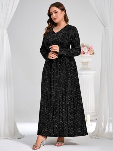 ZOMVA Plus Size Sparkly Formal Dress A-Line V-Neck Long Sleeve Glitter Maxi Gown Wedding Guest Cocktail Evening Party2