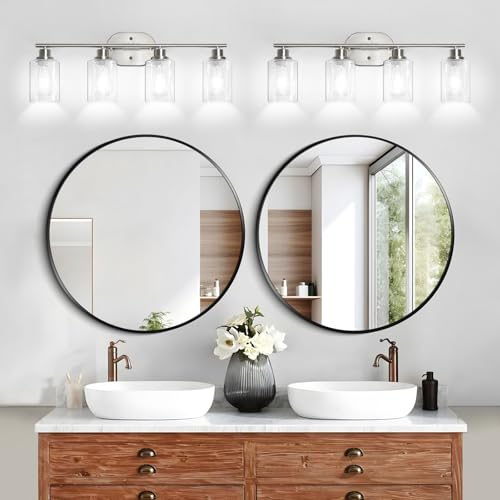Image of Unicozin Bathroom Light Fixtures, 4 Light Vanity Lights for Bathroom, Brushed Nickel Wall Lamp with Clear Glass for Mirror, Living Room, Hallway, Cabinet, E26 Base