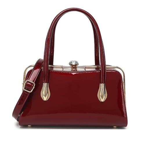 BOW FRAME SATCHEL WITH DETACHABLE SHOULDER STRAP PATENT LEATHER (BURGUNDY 2355)