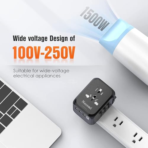 شاحن سفر عالمي من نيكومي، محول طاقة وشاحن دولي، شاحن حائط ومحول بقابس تيار متردد مع 3 USB و1USB C يصلح في الولايات المتحدة واوروبا والمملكة المتحدة واستراليا (محول سفر مع حقيبة تخزين، أسود، 15W-3A1C)