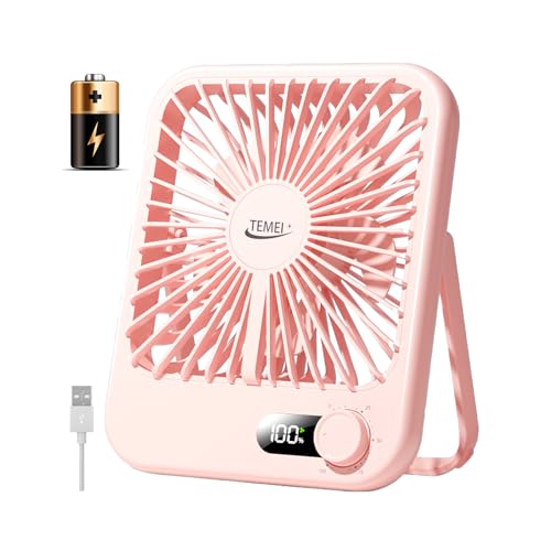 TEMEI Desk Fan Portable Fan Rechargeable,5000mAh Battery Operated Personal Fan,Small Silent USB Table Fan Travel Fan with Digital Display&100 Speed,Desktop Fan for Bedroom Home Office Outdoor (Pink)