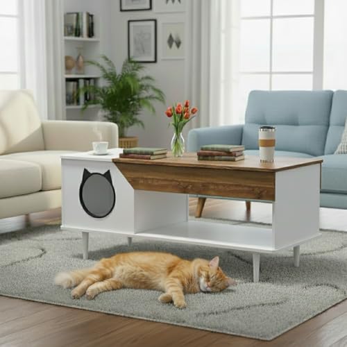 CuisinSmart 45" Cat Coffee Table with Cat House & Storage Drawer, Rustic Wooden Coffee Table, Hidden Litter Box Furniture with Cat Door for Living Room