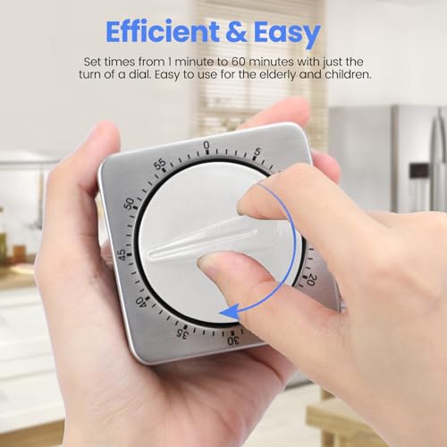 Kitchen Timers for Cooking, Chef Cooking Timer Clock with Loud Alarm,100% Mechanical Desk Timer - No Batteries Required - Magnetic Backing, Exquisite Stainless Steel Body - Countdown Reminder Magnetic