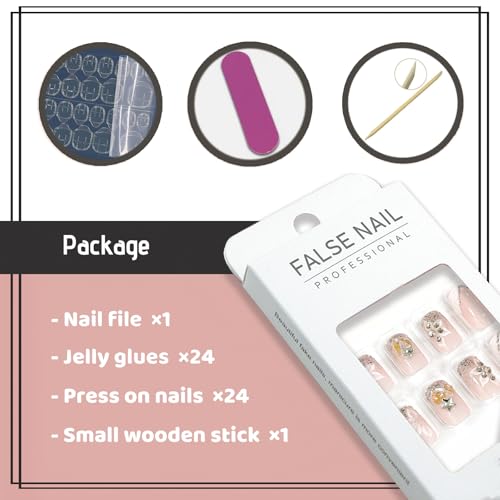 YOSOMMK Nude French Press on Nails Short Square Fake Nails with Flower Designs Glossy Sequins Stick on Acylic Nail for Women and Girls — view 3