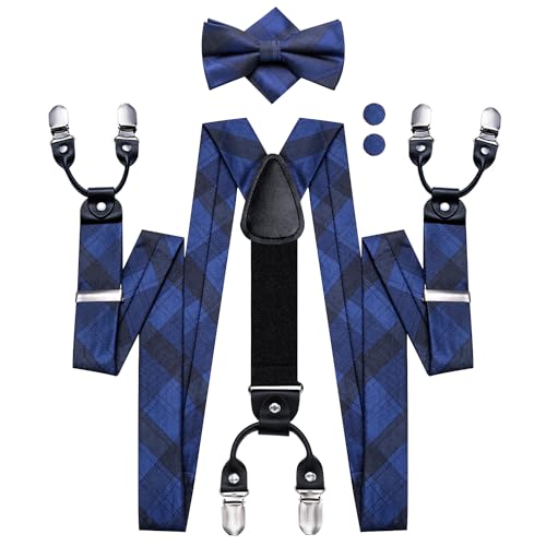 Image of Dubulle Suspender and Bow Tie for Men Paisley Solid Mens Suit Braces Pretied Bowtie and Handkerchief Cufflinks Formal Wedding