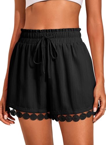 Dokotoo Womens Lace Boho Beach Shorts Summer Casual Loose Elastic Waist Drawstring Shorts Solid Color Beach Cover Up Comfy Black Short X-Large