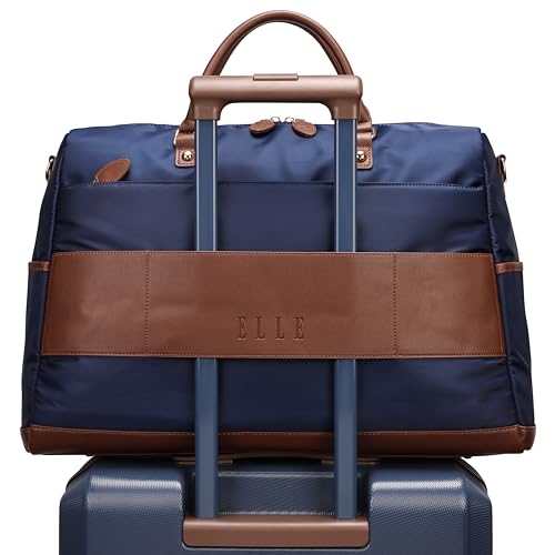 ELLE Luxe Journey 30L Twill and Vegan Leather Weekender Duffel Bag | Navy4