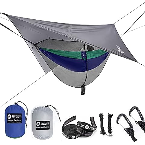 Easthills Outdoors Jungle Explorer 118" x 79" Double Camping Hammock with Separated Mosquito Bug Net and Waterproof Rainfly 2 Person Portable Ripstop Parachute Nylon Hammocks Navy Blue Cover