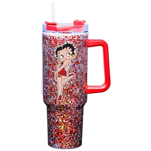 Spoontiques Betty Boop 40oz Glitter Acrylic Travel Mug - Double Wall Acrylic with Sliding Lock Travel Lid and Straw - 11 Tall