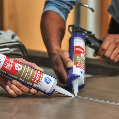 Image of GE Advanced Silicone Caulk for Kitchen & Bathroom, White, 10 fl oz Cartridge, 2 Pack - 100% Waterproof Silicone Sealant, 5X Stronger Adhesion, Shrink & Crack Proof