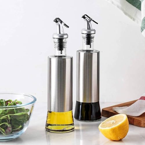 Image of HomeWiz Glass Oil Dispenser for Kitchen 500ml - Stainless Steel Sleeve Bottle with Anti-Drip Spout & Flip Lever | Leak-Proof Pourer for Cooking Oil, Olive, Mustard, Vinegar & Soy Sauce | Round