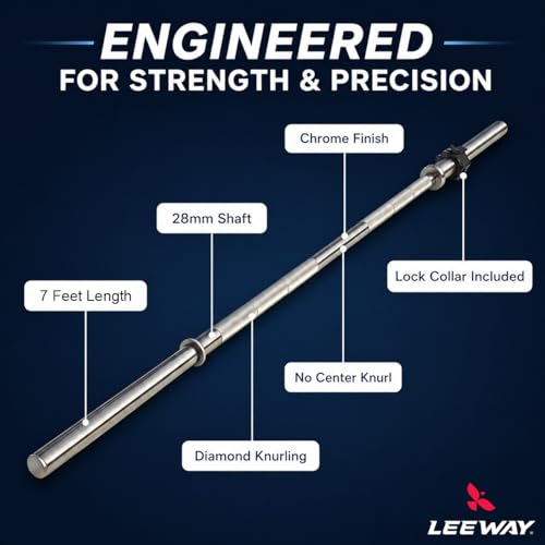 Image of LEEWAY Gym Barbell Rod 7 Feet | 28mm | Solid Steel Chrome Barbells for Plates | Gym Rod with Lock Collars | Weight Lifting Bar for Home Training | Exercise Bar at Home (7 Feet Straight)