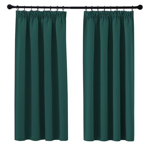 PONY DANCE Dark Green Thermal Blackout Curtains 54 Inch Drop for Bedroom, Living Room Blackout Pleat Curtains with Hooks for Track Short Curtains for Window Treatment, W46 X L54, Dark Green