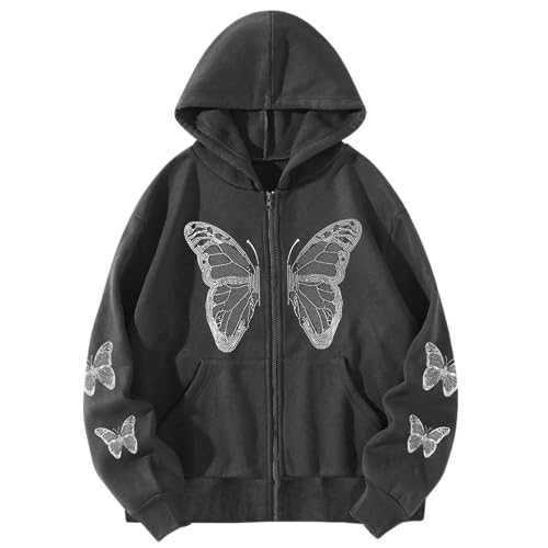 Aobiono Women Men Y2K Zip Up Oversized Hoodie Butterfly Skeleton Rhinestone Gothic Emo Grunge Alt Graphic Baggy Fleece Jacket