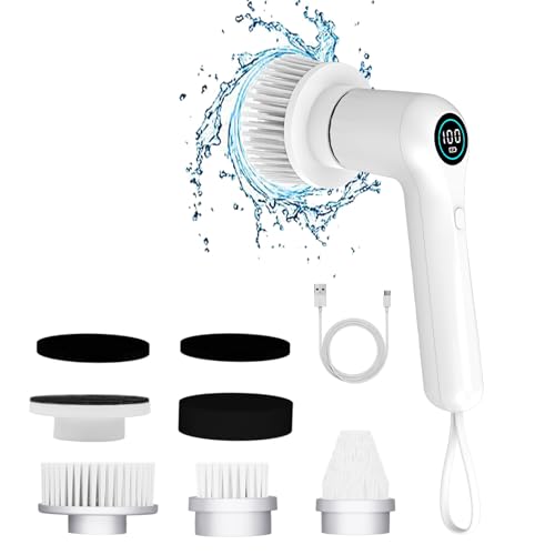 WKY Electric Spin Scrubber, Handled Electric Shower Scrubber, Cordless Bathroom Scrubber with 6 Replaceable Brushes, 2 Speeds for Bathroom Kitchen Bathtub Grout Sink