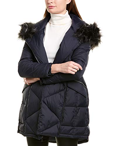 French Connection Women's Faux Fur Trim Oversized Puffer Coat Navy Size S