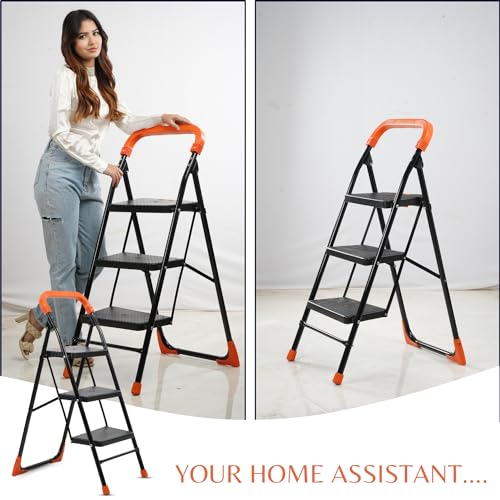 Image of BRANCO Heavy Duty Folding Ladder with Wide Steps | Lifestyle 3 Steps Foldable Ladder | High Strength Long Durable for Home, Kitchen | (Black & Orange)