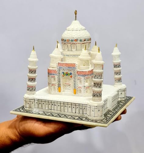 Han.dcrafted Marble Taj Mahal Replica, White De.cor.Ative Architecture Model with Painted Details, Traditional Indian Monument Showpiece