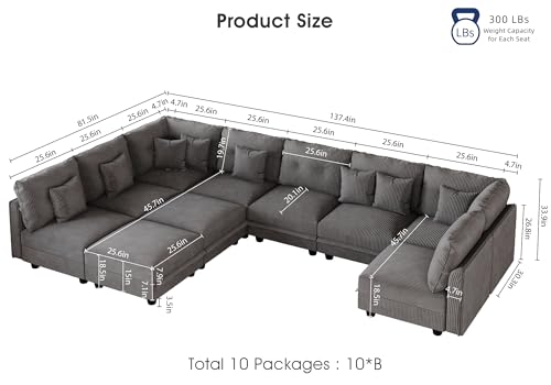 Image of LLappuil 10 Seater Sectional Sofa with Storage, U Shaped Corduroy Modular Couch with 10 Throw Pillows, Convertible Pet-Friendly Sofas for Living Room & Large Space, Reconfigurable, Grey