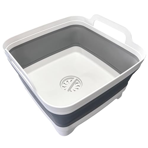 Kameety 9L (2.4Gallon) Dish Basin Collapsible with Drain Plug Carry Handles Space Saveing Kitchen Storage Tray Dish Wash Basin Portable Dish Tub for Camping RV (Grey)