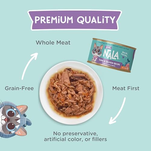 Image of LOVE, NALA - Natural Adult Cat Wet Food - FLAKED Tuna and Salmon in Broth- Grain Free, Non-GMO, Lean Protein, Omega 3, Added Minerals & Vitamins - 12 Pack 2.4 lbs.
