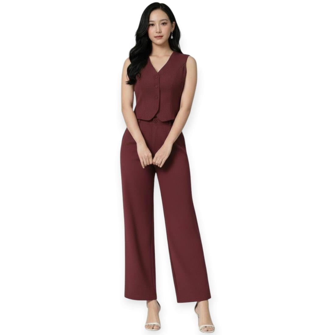 Women's Two Piece Set, Sleeveless V-Neck Vest Top with Wide Leg Trousers-image-27
