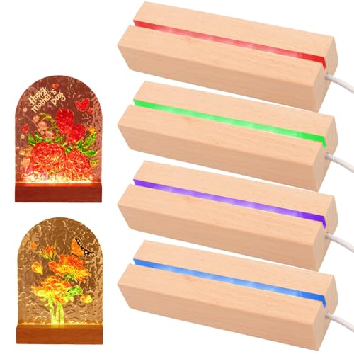 BAIFULAI Lot de 4 bases LED de 15 cm en bois 7 couleurs - Socle lumineux avec interrupteur USB - Couleur réglable - Base d'affichage pour bloc de verre, cristaux, verre, résine, plaques acryliques DIY