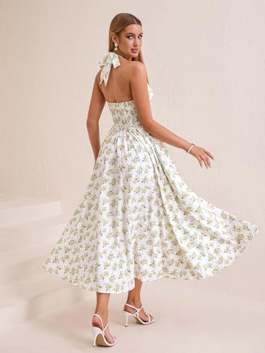 Image of Parthea Women's Gingham Halter V Neck Midi Dress Corset Smocked Sundress Flowy A Line Wedding Guest Dresses