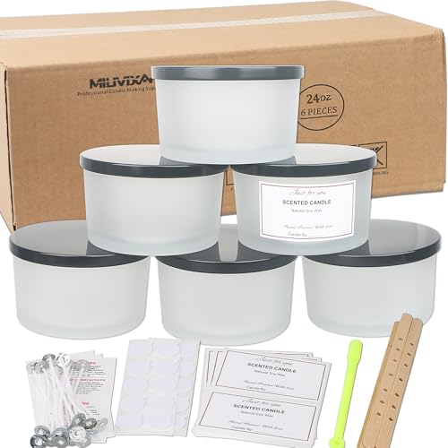 MILIVIXAY 6 Pack 24 oz Candle Jars with Metal Lids and Candle Making Kits - 3 Wick Candle Jar,Bulk Empty Frosted White Thick Glass Jars for Making Large Candles - Spice, Powder Containers.