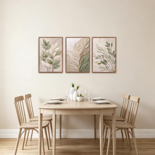Image of CHDITB 3D Impasto Sage Green Leaf Wall Art, Boho Earth‑Tone Foliage Decor