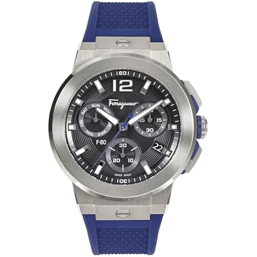 Ferragamo F-80 Titanium Tech Collection Luxury Mens Watch Timepieces with a Blue Strap Featuring a Titanium Case and a Black Dial