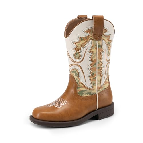 DREAM PAIRS Boys Girls Cowboy Boots Toddler Mid Calf Western Boots Square Toe Riding Boots for Kids 9 Toddler Camel/Camo