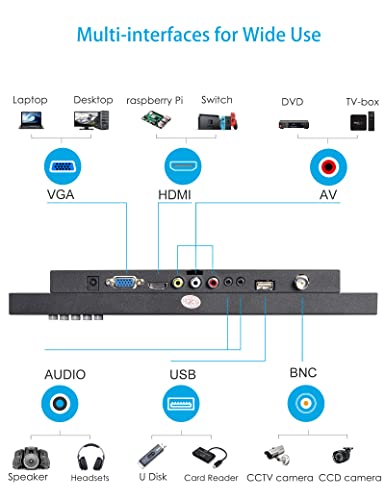 Image of 10.1 inch Security Monitor, 1280 x 800 HD Display, 16:10 IPS Metal Portable Mini CCTV Monitor, HDMI VGA BNC AV USB Ports, Built-in Speakers & Remote Control, for DVR, PC, Raspberry Pi