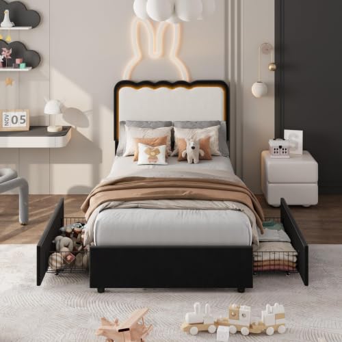 Image of Garvee Irregular Wave LED 2-Drawer Soft Upholstered Bed, Soft Padding