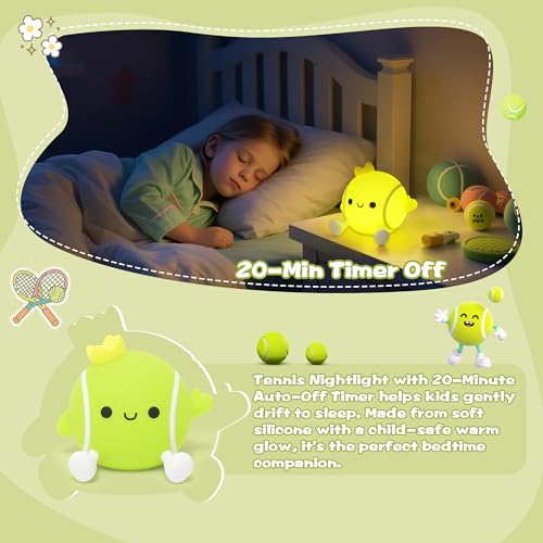 CoolGift Mart Tennis Geschenke, USB wiederaufladbar, niedlicher Tennisball Silikon Nachtlicht, Touch Control & Timer, geeignet für Stillen Lesen Arbeiten Schlafen für Kinder Erwachsene Tennisliebhaber