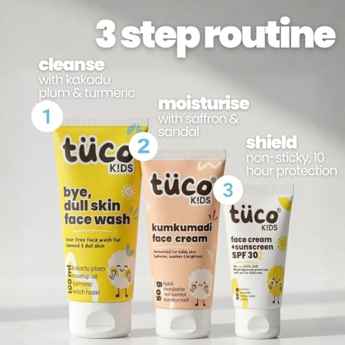 Image of Tuco Kids Dull Face Kit for Boys & Girls | 3-Step Facewash, Kumkumadi Face Cream & SPF 30 Sunscreen | Turmeric, Kakadu Plum, Saffron & Manjistha | De-Tan & UV Protection | Paraben Free | Ages 3-15