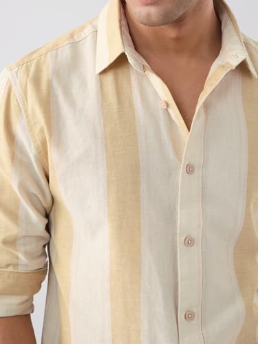 Image of The Souled Store Cotton Linen Stripes: Apricot Men and Boys Long Sleeves Collared Neck Orange Stripes Regular Fit Lightweight Comfortable Summer Cotton Linen Shirts