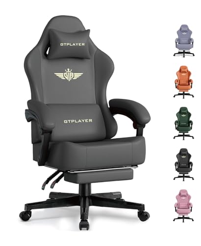 Image of GTPLAYER Gaming Chair with Pocket Spring Cushion, Big and Tall Gamings Chairs 350LBS High Back Computer Chair with Footrest for Adults Lumbar Support Swivel Game Chair for Office, Leather Grey