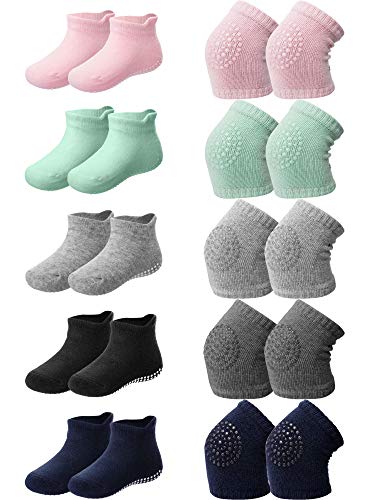 10 Pairs Baby Crawling Anti-Slip Knee Pads and Anti-Slip Baby Socks Set Unisex Toddler Knee Protectors Non Slip Ankle Socks (Classic Colors)