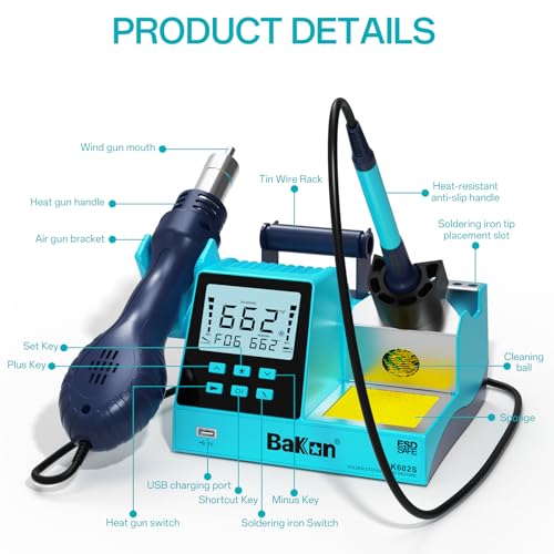 BK602S 2 in1 Soldering Iron Hot Air Rework Station,Digital Soldering Welding Iron Kit for Electronic DIY Circuit Work, Rapid Heat up Solder Station,Auto Sleep,ºC/ºF Conversion