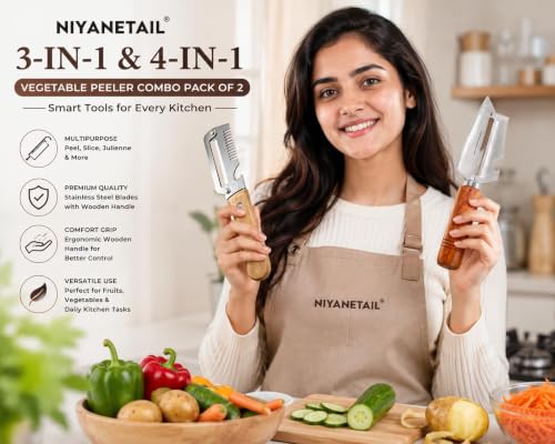 Image of 2-Piece Multifunctional Vegetable Peeler with Ergonomic Wooden Handle, Heavy Duty Stainless Steel 3-in-1 & 4-in-1 Kitchen Tool with Scallion Shredder & Built-in Bottle Opener for Home Cooking