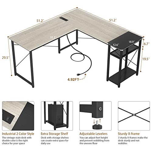 Ecoprsio L-Shaped Desk With Power Station And Usb, Large L Shaped Gaming Desk With Storage Shelves Industrial Corner Desk Writing Study Table For Home Office Gaming Workstation, Greige And Dark Grey #TOP2
