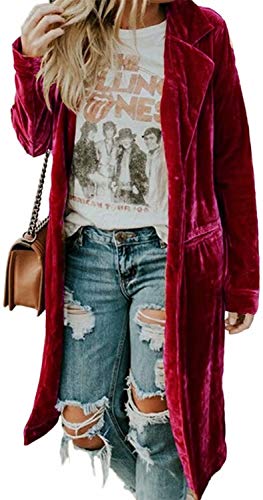 Womens Velvet Long Sleeve Pocket Casual Open Front Lapel Collar Cardigan Outwear Long Velvet Blazers Coat Casual Jackets