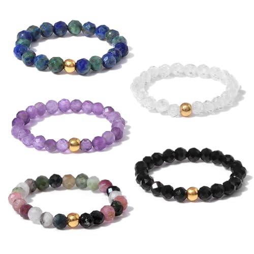 XFSRG 5 Piezas Anillos Mujer Cuentas de Cristal Natural Cordón Elástico Anillo Elegante y Delicado para Citas Fiestas y Vacaciones en la Playa