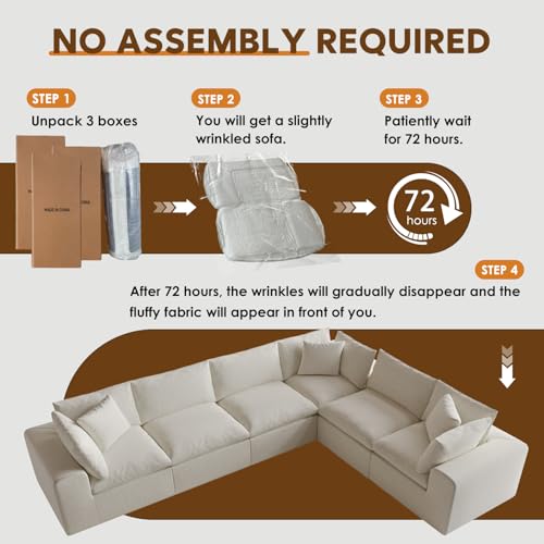 Image of 130 inch Boneless Cloud Couch, Modular Sectional Couches for Living Room, U Shaped with Deep Seats, No Assembly Required, 6 Seater Washable Fabric Sleeper Sofa, White