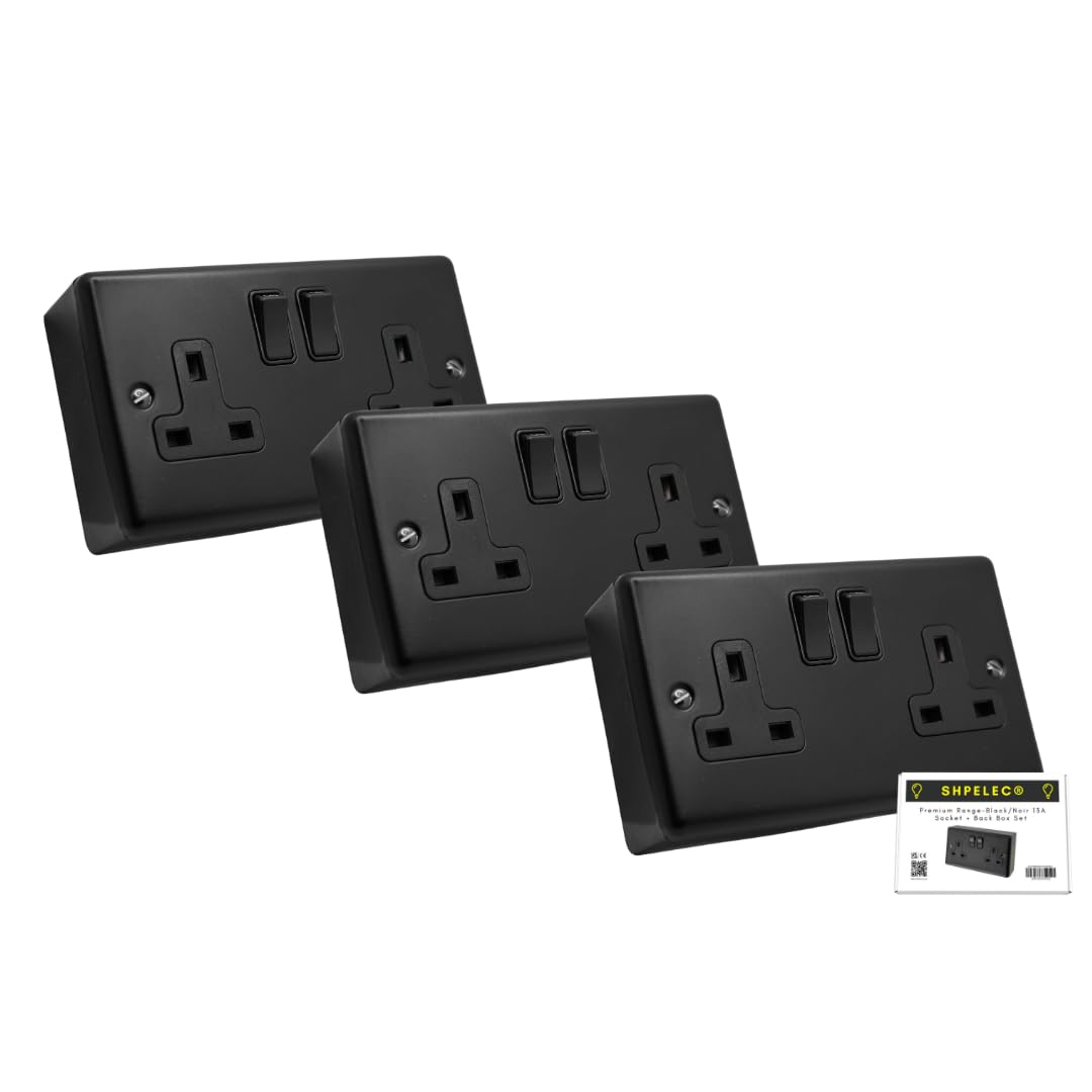 SHPELEC® Matt Black Finish 13A Metal Double Socket with 35mm PVC Surface Mount Back Box - Modern Design, Easy Installation (2 Gang Socket + Back Box (3 pack))