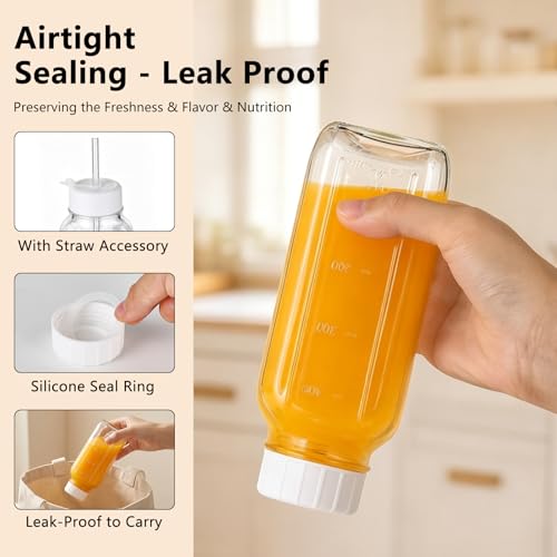 Image of Ruckae 16oz 8 Pack Glass Juice Bottles with Lids - Reusable Square Glass Juice Bottles with Leak-Proof Lid & Capacity Marks for Containers Juice,Milk,Smoothies